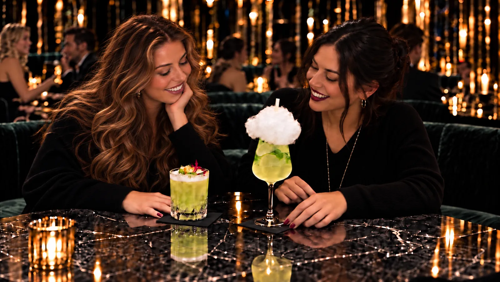 Two guests laughing together over their cocktails