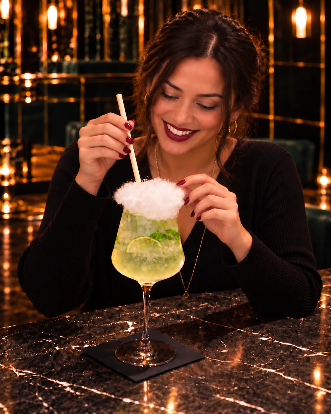 The reveal: a guest smiling over her cotton-candy cocktail