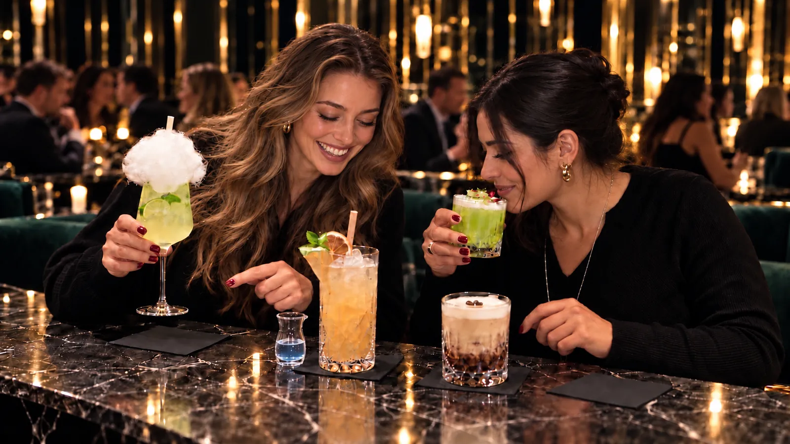 Two guests tasting a round of signature cocktails