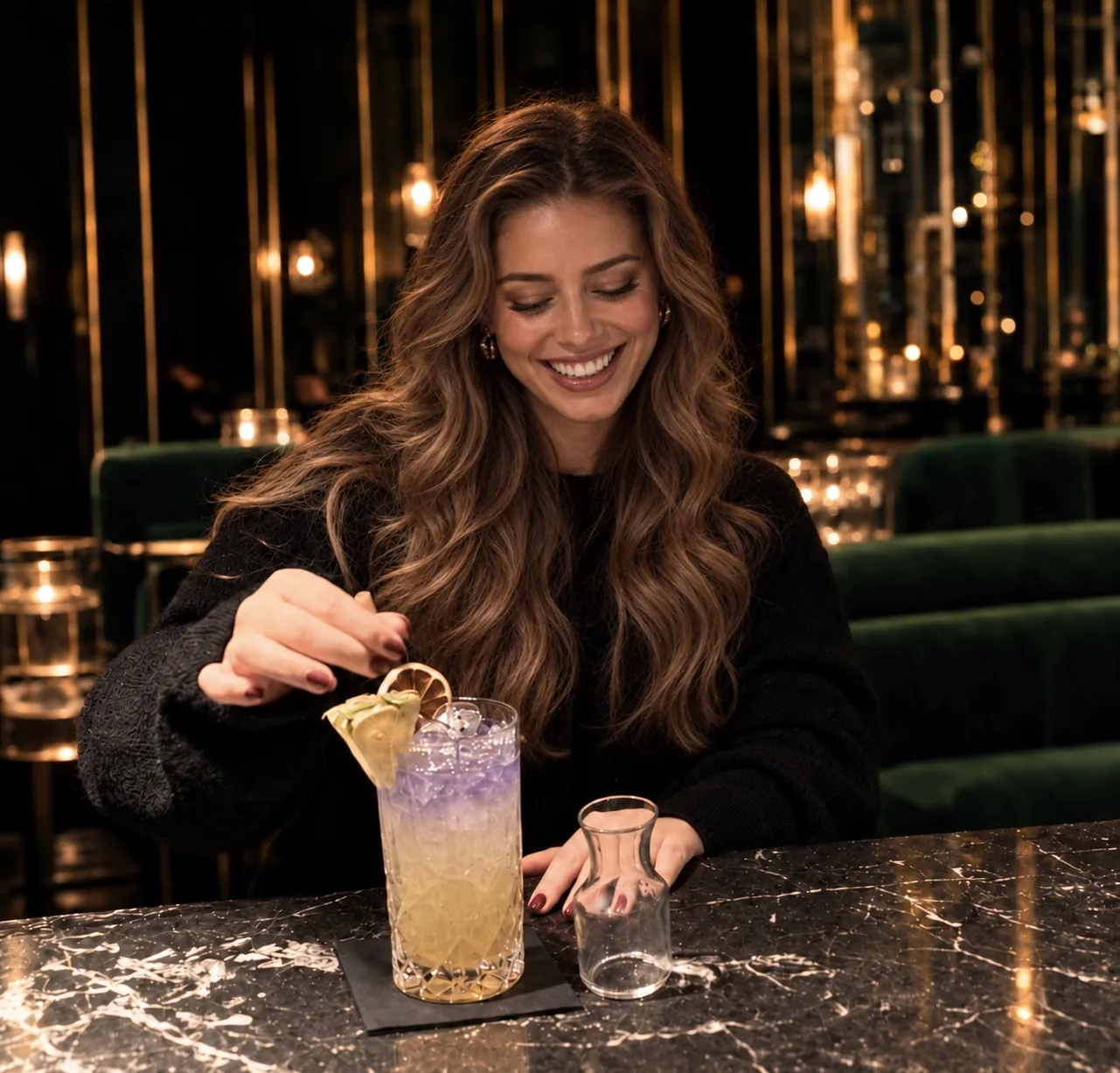 A guest garnishing a layered violet cocktail