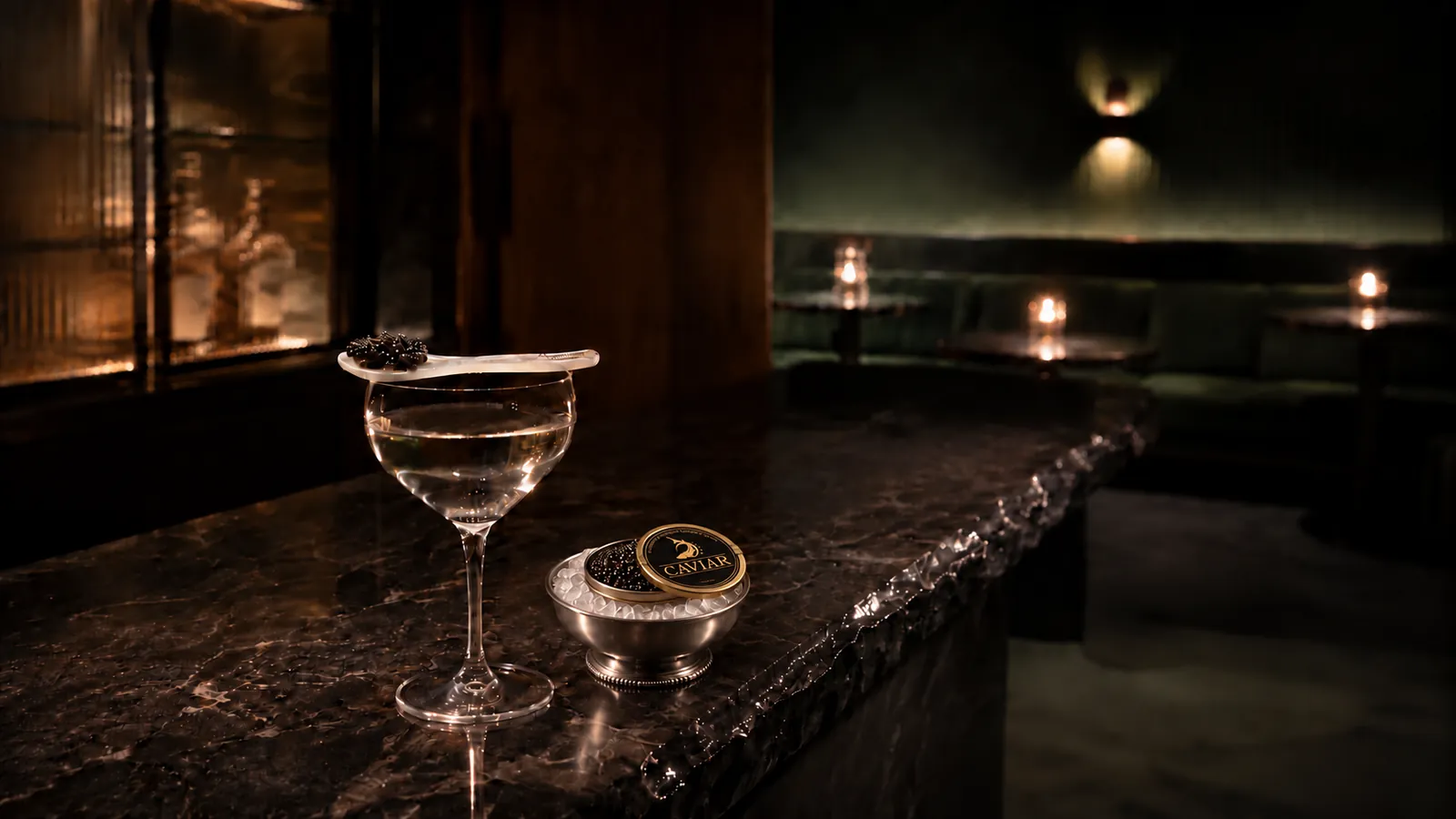 Martini with a caviar spoon beside a tin of caviar on ice