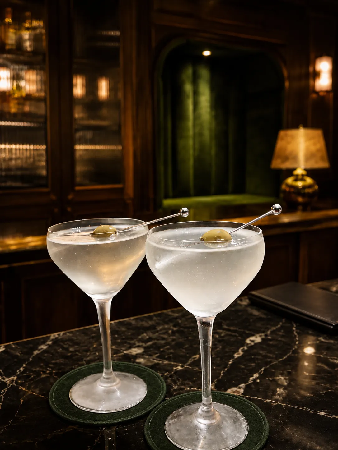 Two dry martinis with olives served on a marble bar