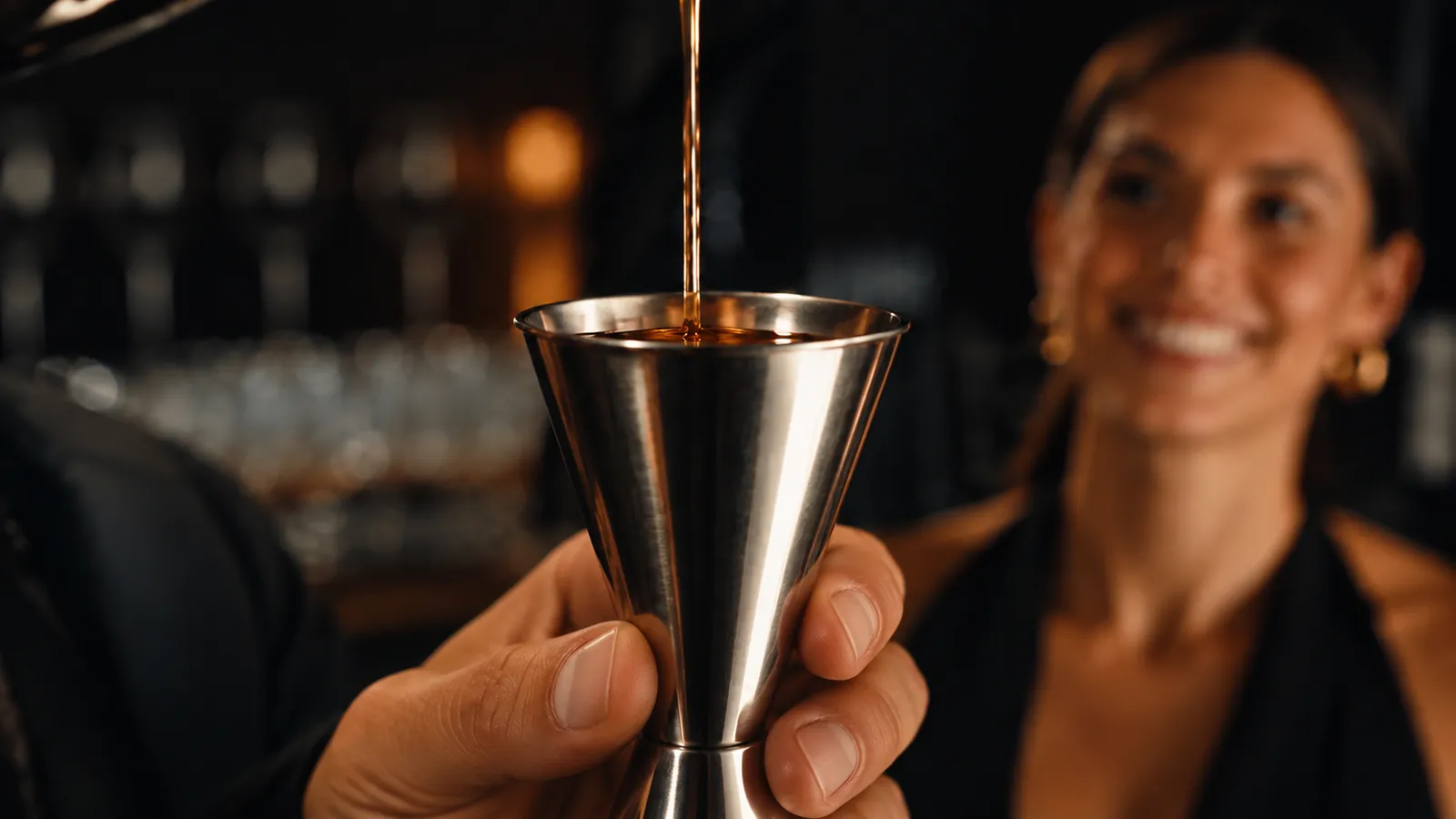 Bartender measuring a precise pour into a steel jigger